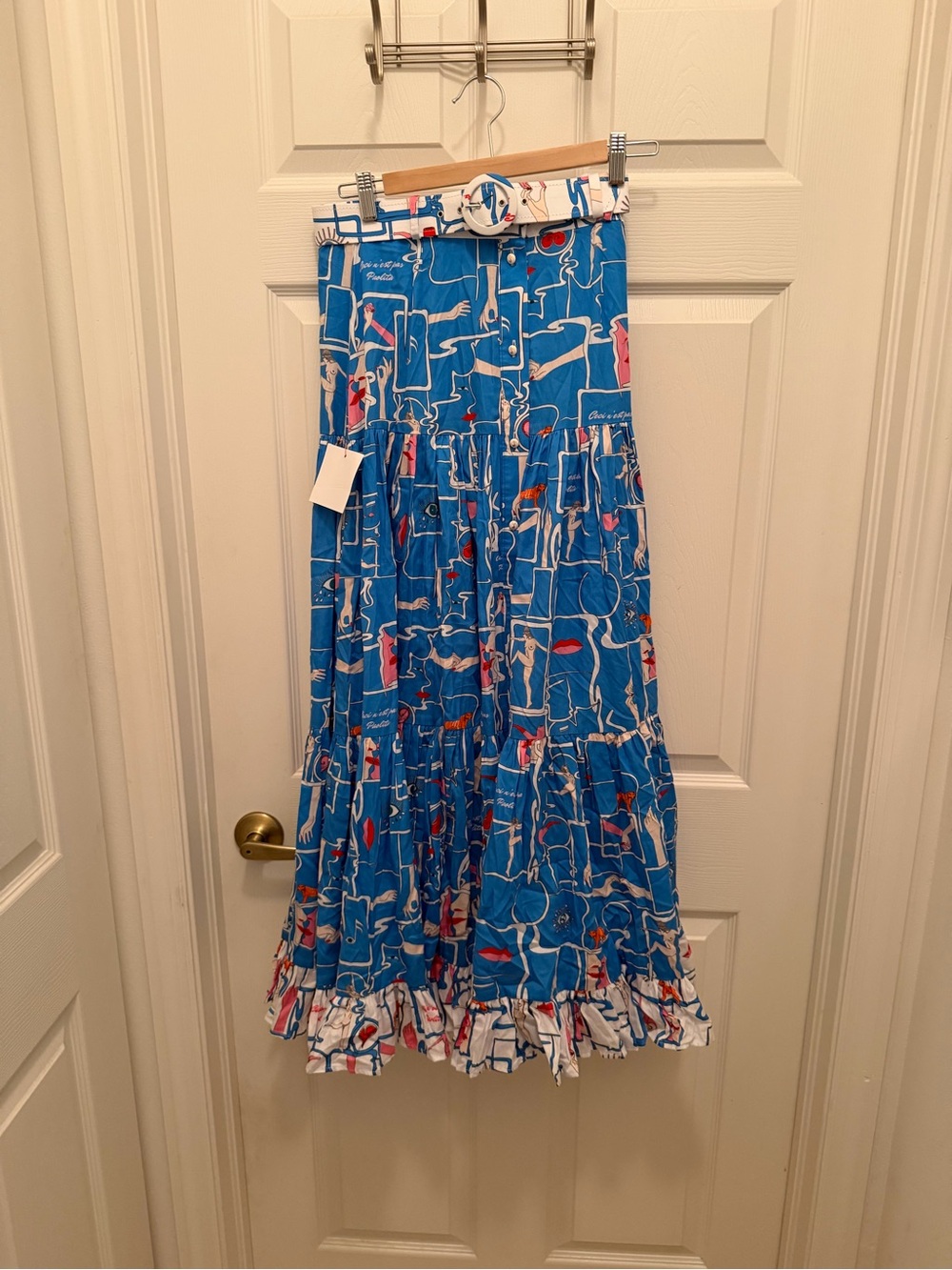 Paolita Blue Printed Tiered Maxi Skirt with White Belt